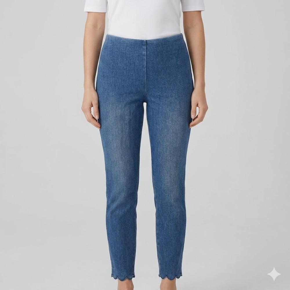 Lysse Scalloped Hem Denim‎ Leggings Pull On Stretch Slim Size S Blue